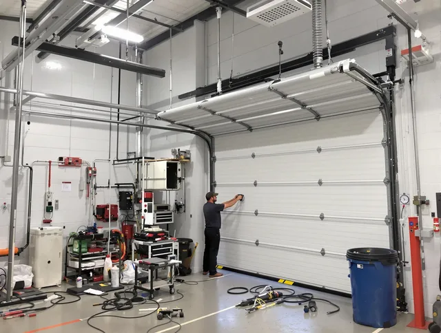 Coventry Garage Door Repair certified technician performing commercial door repair at a Coventry business facility
