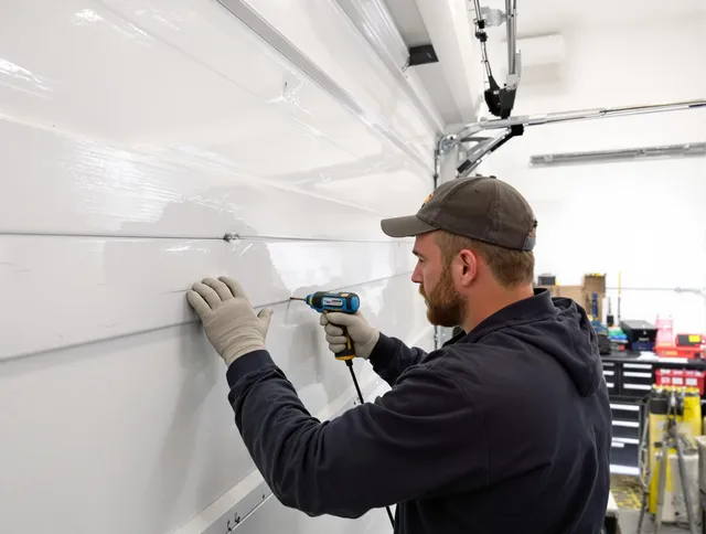 Coventry Garage Door Repair technician demonstrating precision dent removal techniques on a Coventry garage door
