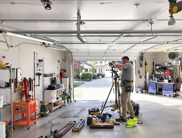 Coventry Garage Door Repair specialist performing laser-guided track alignment in Coventry